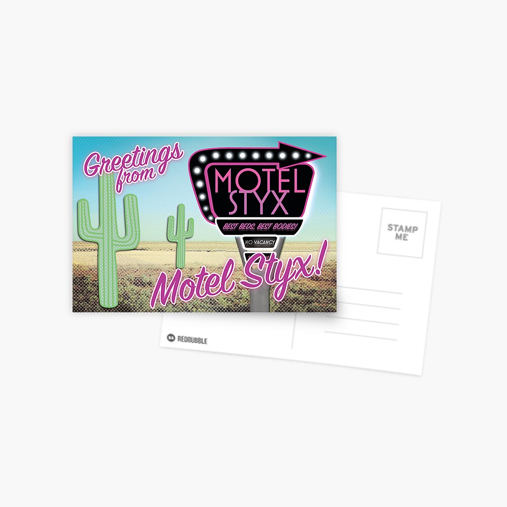Postcard showing a desert scene reading Greetings from Motel Styx!